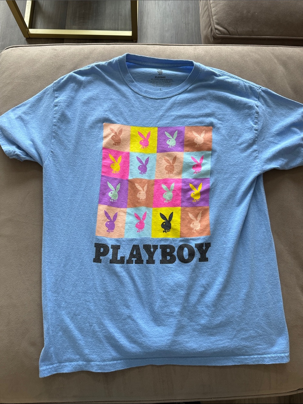 PLAYBOY Light Blue Short-Sleeve Tee with Multicolor Bunny Grid